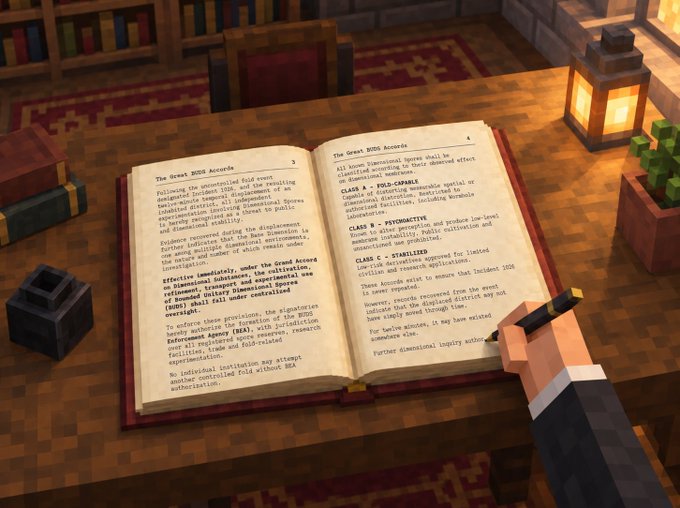 A pixel-art illustration shows a hand holding a pen over an open book titled 'The Great NDA Accords,' detailing various classes of dimensional beings.
