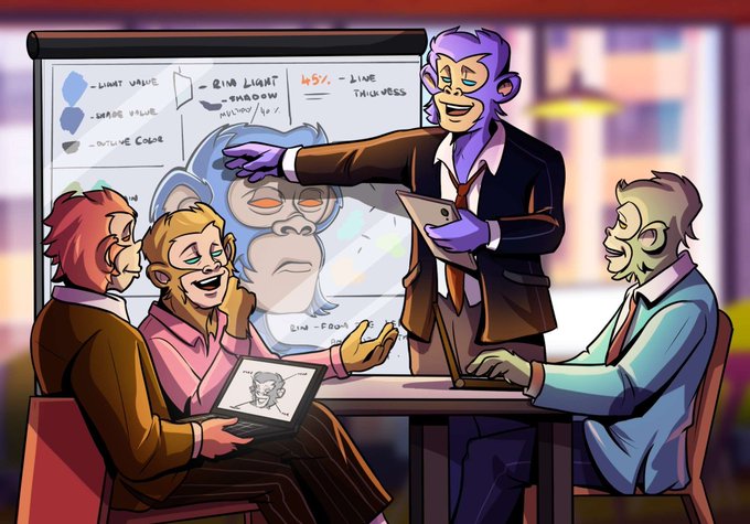 A group of anthropomorphic monkey characters gather around a table with laptops and tablets, discussing animation techniques like "line weight," "rim light," and "shadow" written on a whiteboard behind them. The creative, collaborative scene reflects the active development and community-focused spirit behind the Primals project, tying into the post's invitation to join their Discord for updates.
