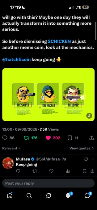 A screenshot of a social media post about the cryptocurrency $CHICKEN, describing it as more than a meme coin, featuring cartoon character illustrations labeled 'THE SNIPER', 'THE HACKER', and 'THE JOKER'.