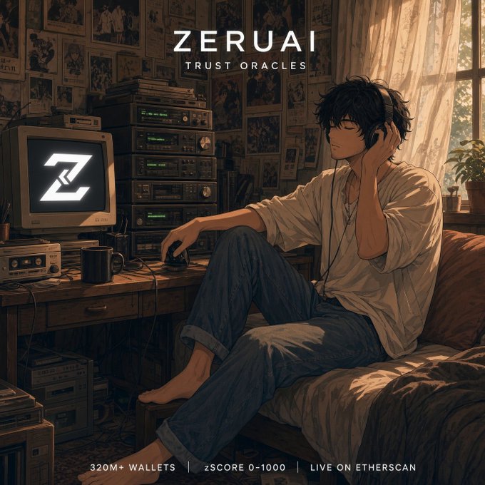 An anime-style illustration shows a young man sitting on a bed with headphones, surrounded by electronic equipment, with text 'ZERUAI TRUST ORACLES' and '320M+ WALLETS | zSCORE 0-1000 | LIVE ON ETHERSCAN'.