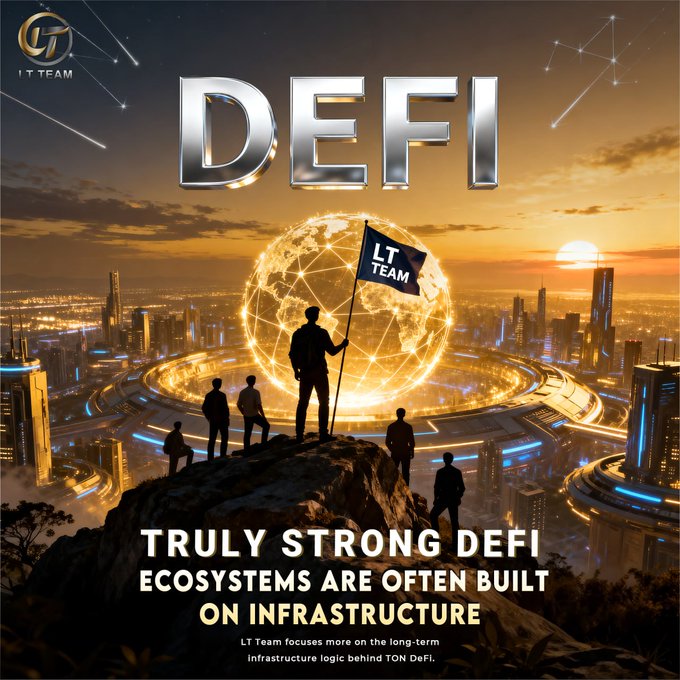 The image features a group of people standing on top of a cliff, with a cityscape in the background that includes buildings and roads. The text "LT Team" can be seen at the bottom of the image. The caption reads " LT Team discusses how true strong DeFi ecosystems are built through infrastructure". This post is related to the topic of DeFi as it highlights the importance of infrastructure development for a thriving DeFi ecosystem, which in turn supports the growth and stability of the DeFi industry.