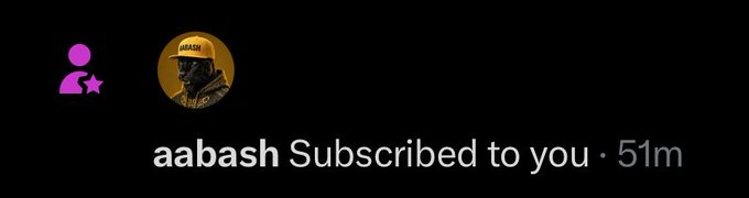 A notification shows that user 'aabash' subscribed to a channel 51 minutes ago, featuring a profile picture of a person wearing a yellow beanie.
