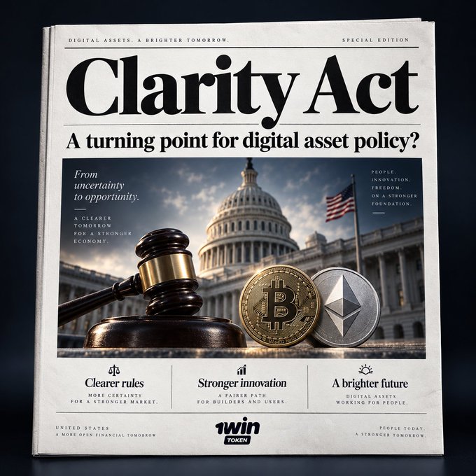 A newspaper-style graphic titled 'Clarity Act' with the headline 'A turning point for digital asset policy?', featuring a gavel, Bitcoin and Ethereum coins in front of the U.S. Capitol, and mentioning 'Twin Token' at the bottom.