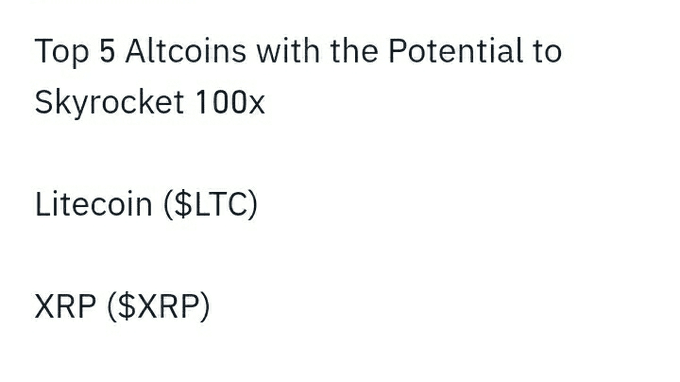 An image showing a text excerpt titled "Top 5 Altcoins with the Potential to Skyrocket 100x," with "Litecoin ($LTC)" and "XRP ($XRP)" partially visible beneath. The caption relates to the $LTC at $500 prediction by referencing Litecoin as one of the highlighted altcoins with explosive growth potential.