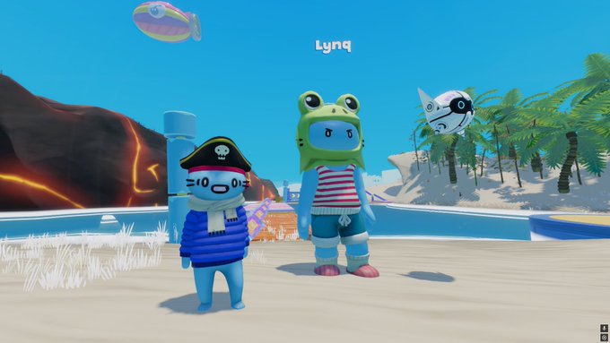 A screenshot from a virtual world featuring two cartoon avatars in costumes—one dressed as a pirate and another in a frog hoodie with striped shirt—with the name 'Lynq' floating above and a beach/tropical setting in the background.