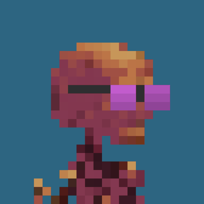 A low-resolution pixel art character with orange hair and purple eyes set against a solid teal background.