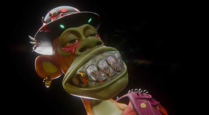 A 3D animated close-up of a monkey character wearing a hat and gold teeth, grinning against a dark background.