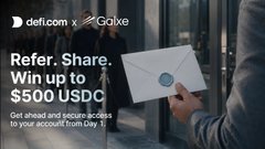An advertisement for defi.com × Galxe showing a person holding an envelope, with text 'Refer. Share. Win up to $500 USDC'.
