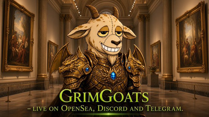 An illustrated goat character wearing golden dragon-like armor stands in a museum gallery, with the text 'GRIMGOATS - LIVE ON OPENSEA, DISCORD AND TELEGRAM.'