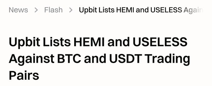 A news headline screenshot reads 'Upbit Lists HEMI and USELESS Against BTC and USDT Trading Pairs,' with a navigation breadcrumb showing News > Flash.