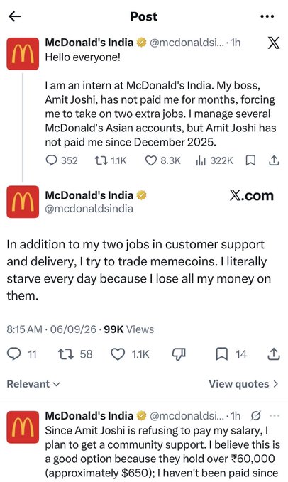 A screenshot of an X (Twitter) thread from 'McDonald's India (@mcdonaldsi...)' claiming to be an intern whose boss Amit Joshi has not paid them for months while they manage multiple accounts and trade memecoins.