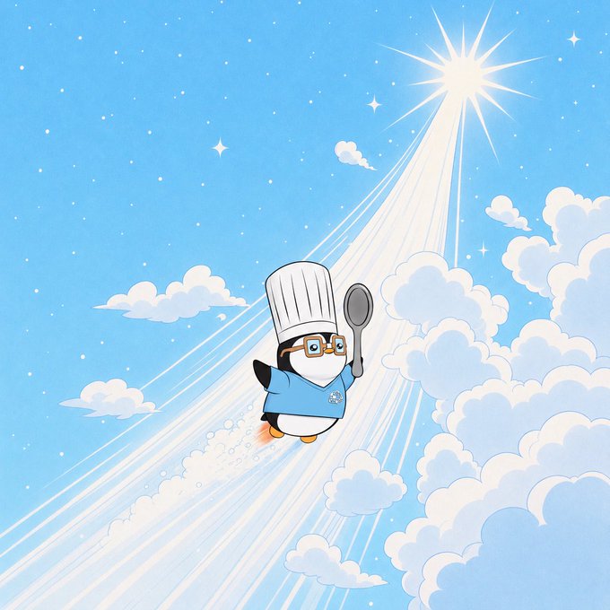Cartoon illustration of a penguin wearing a chef's hat, glasses, and blue jacket holding a spoon, flying through clouds toward a bright shining star.