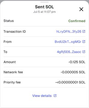A mobile screenshot of a confirmed Solana transaction dated July 5 at 11:07 pm, showing a transfer of 0.125 SOL (~$10) from "BvdU2kT...xgMGr" to "4gRj5E6...Zaaoc," which appears to be one of the 0.125 SOL payments promised to active followers in the accompanying post.