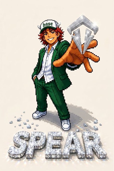 Pixel art illustration of a character in a green suit and 'base' cap holding out a hand, with a diamond/crystal Spear cryptocurrency logo and the word 'SPEAR' in diamond lettering below.