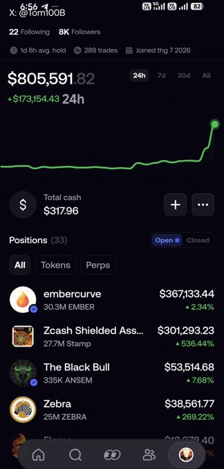A crypto trading portfolio valued at $805,591.82 (+$173,154.43 24h), featuring top holdings including $367,133.44 in "embercurve" (30.3M EMBER) and $301,293.23 in "Zcash Shielded Ass..." (27.7M Stamp), which has surged 536.44%, directly highlighting the massive gains on $Stamp and $ZEBRA as mentioned in the caption.