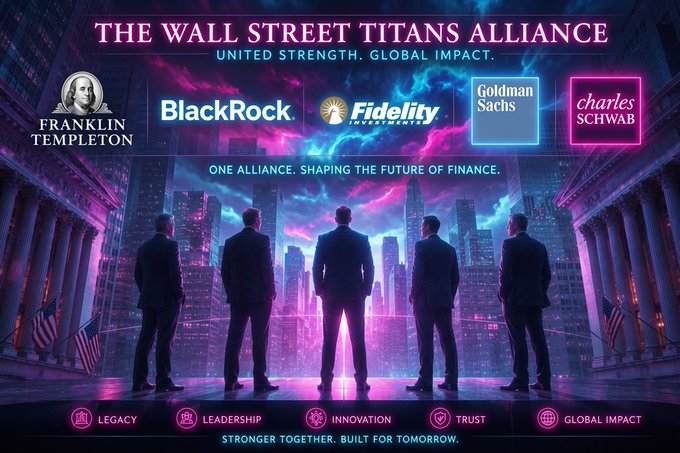 A promotional banner titled 'THE WALL STREET TITANS ALLIANCE' with the tagline 'UNITED STRENGTH. GLOBAL IMPACT.' displays logos for Franklin Templeton, BlackRock, Fidelity Investments, Goldman Sachs, and Charles Schwab above silhouettes of five men facing a neon city skyline.
