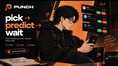 A 'PUNCH' app advertisement showing a bespectacled man in a hoodie with the slogan 'pick predict wait' alongside trading interface graphics.