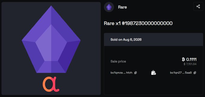 An OpenSea listing showing a "Rare" Alpha Series NFT with ID #198723000000000 selling for 0.1111 BTC (~$7,151.84) on August 6, 2026, with the "α" (Alpha) symbol displayed beneath the purple diamond-shaped collectible, supporting the post's claim that only 756 of these rare mining-based NFTs will ever exist.