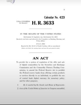 The image shows a scanned legislative page titled “AN ACT,” from “Calendar No. 423” and “H.R. 3633,” relating to digital commodities, the CFTC, and federal agencies. It provides historical legislative context for the accompanying post claiming SEC Chair Paul Atkins expects the CLARITY Act to pass and be signed by President Trump.