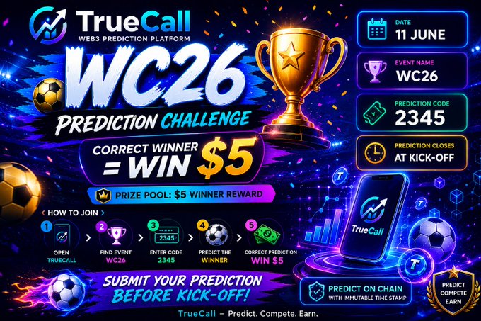 The image features a poster for a World Cup challenge called "WC26" with a gold trophy at the center of the poster. The poster also includes a text box that reads, "The World Cup opener is here vs Participation is FREE Prediction Code: 2345 Built on @Celo , every prediction is recorded on-chain with an immutable timestamp Join the WC26 event on TrueCall, enter code #WC26". This text box provides information about the challenge and encourages people to participate by entering a prediction code. The poster also includes various soccer balls scattered around it, adding to the festive atmosphere of the event.