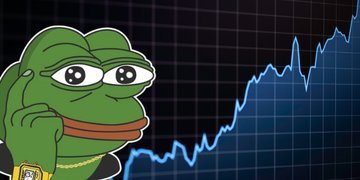 The 'Buy Bitcoin' Pepe the Frog meme character with sunglasses and a gold chain, pointing at a rising blue stock/crypto chart on a dark grid background.