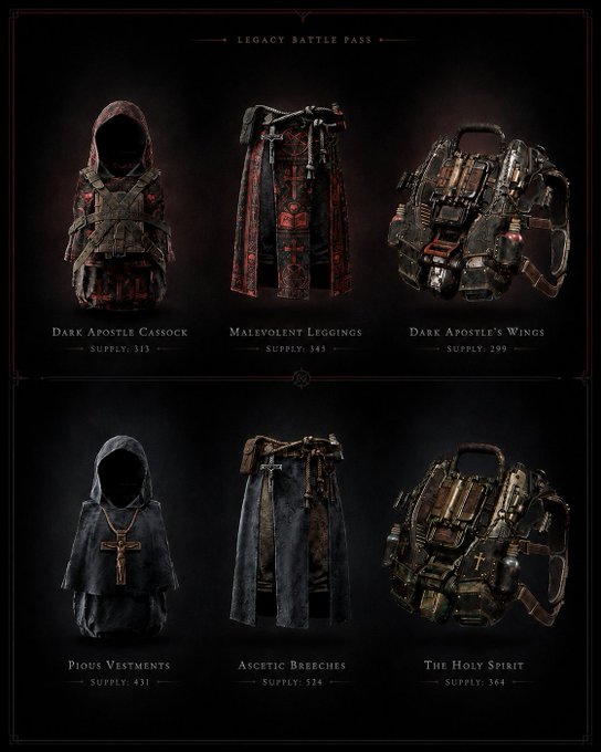 A promotional image for the "Legacy Battle Pass" displaying six cosmetic items including the Dark Apostle Cassock, Malevolent Leggings, Dark Apostle's Wings, Pious Vestments, Ascetic Breeches, and The Holy Spirit, each with listed supply numbers.