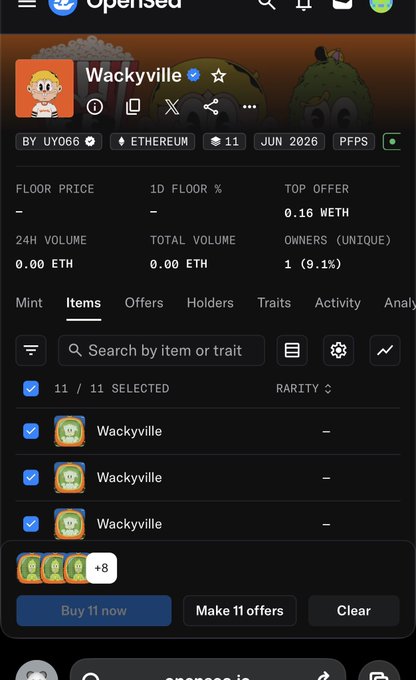 The image shows an OpenSea collection page for a "Wackyville" NFT (Ethereum, 11 items) with zero trading volume and only 1 unique owner. This supports the post's claim, as the "Owners (Unique)" field displays "1 (9.1%)", confirming that 100% of the supply is held by a single wallet.