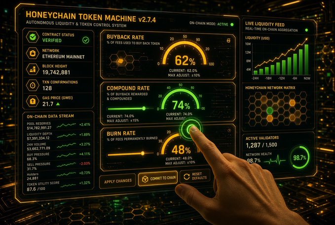 A futuristic control panel titled 'HONEYCHAIN TOKEN MACHINE v2.7.4' displaying metrics like Buyback Rate (62%), Compound Rate (74%), and Burn Rate (48%), with a finger pointing at the interface.