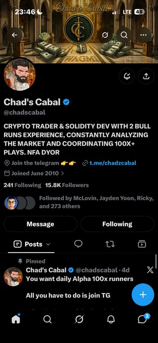 A Twitter/X profile page for 'Chad's Cabal' (@chadscabal) describes itself as a 'CRYPTO TRADER & SOLIDITY DEV WITH 2 BULL RUNS EXPERIENCE' and promotes their Telegram channel.