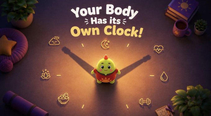 A 3D-rendered green character in red pajamas stands in a spotlight, casting long arms that form a clock face on the floor, surrounded by health and sleep icons with the text "Your Body Has Its Own Clock!".