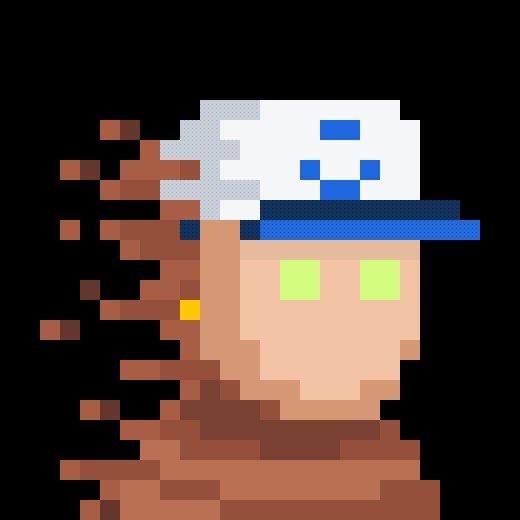 A pixel art character portrait featuring a figure with a white and blue cap, glowing green square eyes, and a disintegrating brown pixelated effect on the left side.