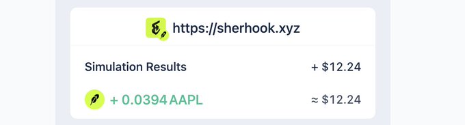 A simulation results card from sherhook.xyz showing a return of +$12.24, equivalent to +0.0394 AAPL shares.