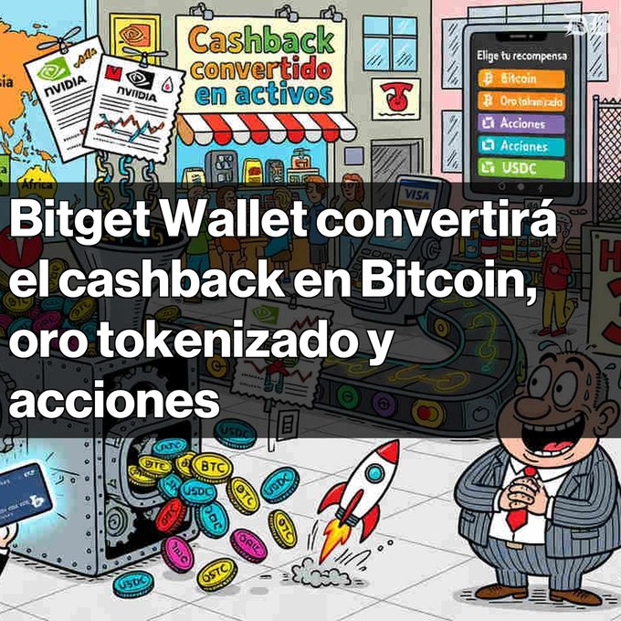 A Bitget Wallet promotional graphic with cartoon illustrations of a crypto shop, stating 'Bitget Wallet convertirá el cashback en Bitcoin, oro tokenizado y acciones' with options for Bitcoin, tokenized gold, stocks, and USDC.