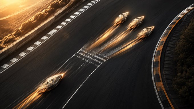 Three futuristic rocket-shaped vehicles speed down a curved highway, leaving glowing trails behind them as the lead craft pulls ahead of a trailing pack. The image visually echoes the post's metaphor of "adding a turbo button" to crypto ETFs, with the racing vehicles symbolizing the rapidly accelerating pace of leveraged 3x Bitcoin and Ether ETF proposals at Cboe.