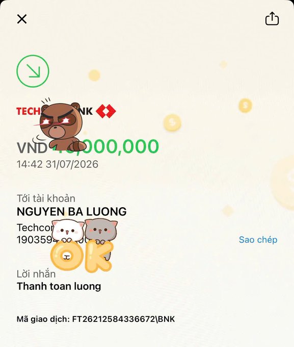 A mobile transaction confirmation from Techcombank showing a successful transfer of VND 1,000,000 to 'NGUYEN BA LUONG' on 31/07/2026 with transaction ID 'FT26212584336672\BNK'.