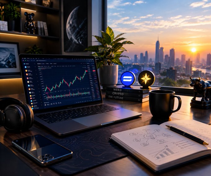 A modern desk setup shows a laptop with a rising market chart, headphones, a phone, notes, a mug, and crypto-themed objects beside a sunset city view.