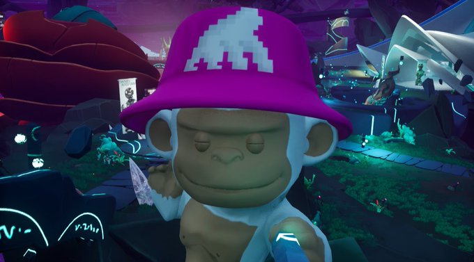 A cartoon monkey wearing a pixelated purple "Ape" hat (a nod to Bored Ape Yacht Club) appears dazed in a vibrant, neon-lit virtual landscape, matching the "sleep walking in the Otherside" reference to Yuga Labs' metaverse. The surreal, futuristic environment with floating structures and otherworldly creatures reinforces the dreamy, exploratory vibe of the Otherside game.
