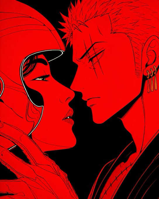 A stylized red and black illustration of two anime characters in profile facing each other closely; the figure on the right has a scar and an earring.