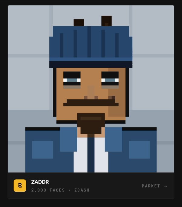 A pixel art NFT portrait of a character with a blue crown-like hat and goatee, labeled 'ZADDR' - '2,800 FACES · ZCASH' - 'MARKET' on the CryptoPunks-style card.
