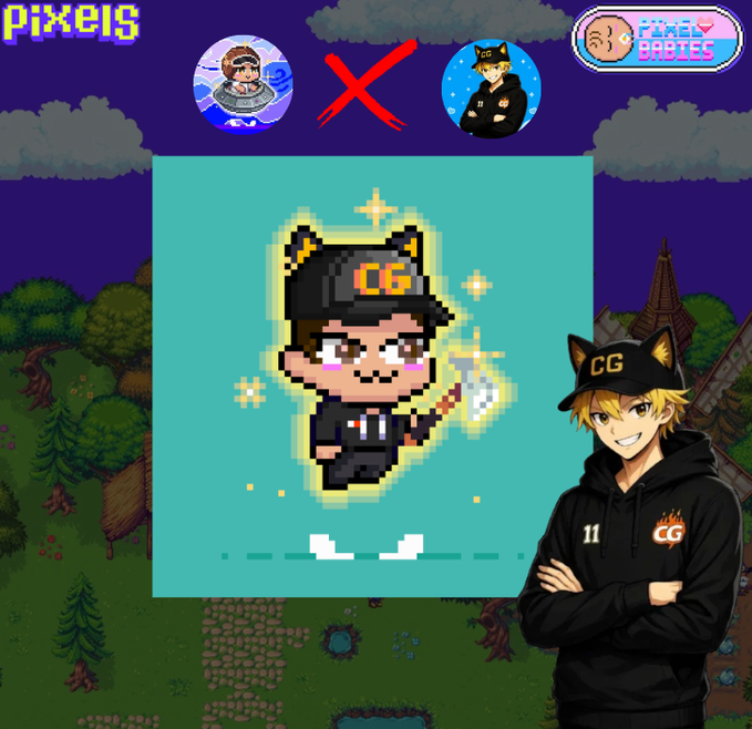 Promotional graphic for "Pixeis" featuring a pixel art character with a "CG" hat and a painter's brush, alongside an anime-style character in black hoodie with "CG" and "11" logos, marked with a red X between two circular icons at the top.