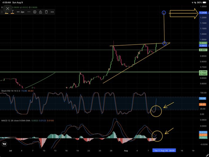 A 2-hour candlestick chart for $ADA shows an ascending triangle pattern with price breaking out, accompanied by Stochastic RSI and MACD indicators both indicating bullish momentum near the breakout. A circled blue price target of $1.25 is highlighted on the chart, aligning with the post's bullish outlook.