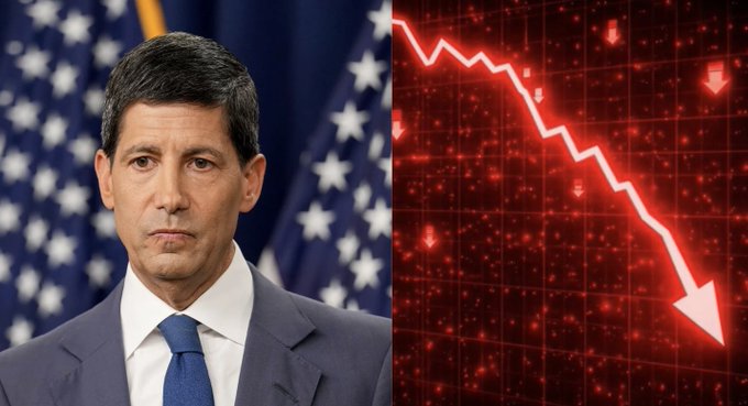A man in a blue suit and tie stands before an American flag, while the right side of the image shows a red stock market chart with a sharp downward trending arrow, reflecting the Federal Reserve's first interest rate hike in over three years and the resulting market decline.