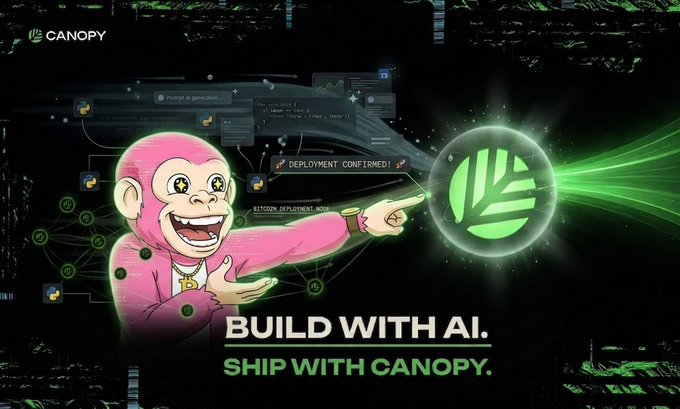 The image features a cartoon monkey holding up a green shield with a message that reads "Build With AI Ship with Canopy". The monkey appears to be pointing at the text, which is written in white letters against a black background. The image also includes a watermark that says "@CNPYNetwork" and a link to a post on the website "Canopy Network".