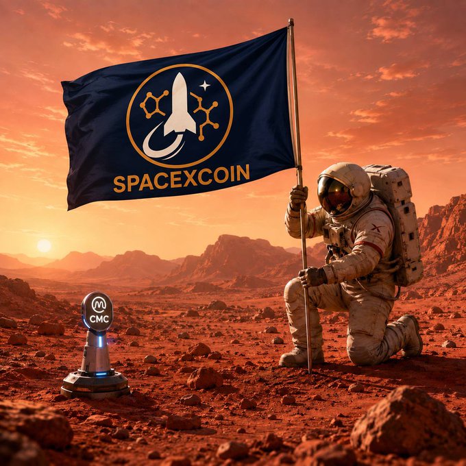 An astronaut plants a flag with the "SPACEXCOIN" logo on a desolate planet, with a "CMC" marker nearby, representing the potential of $SPCX. The image visually ties into the post's theme of memecoins starting on CMC and aiming for massive success.