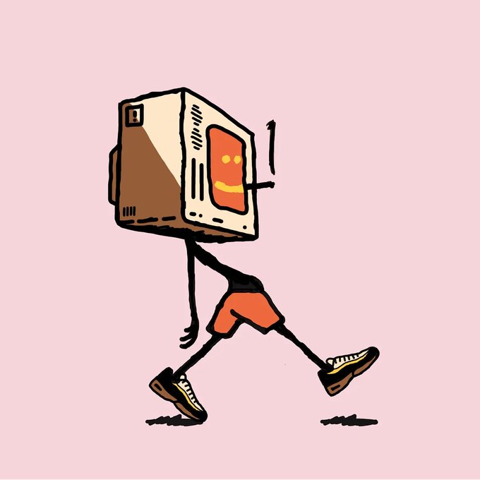 A cartoon illustration of an anthropomorphic toaster character with a smiling face drawn on its front, wearing orange shorts and sneakers, walking against a pink background.