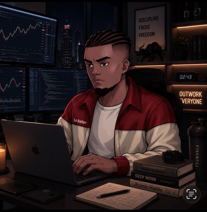 An animated illustration of a focused young man with cornrows working on an Apple laptop in a nighttime trading setup, surrounded by financial charts, motivational signs reading 'DISCIPLINE FOCUS FREEDOM' and 'OUTWORK EVERYONE', and books like 'Atomic Habits' and 'DEEP WORK'.