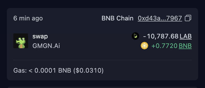 A transaction on BNB Chain shows a swap of 10,787.68 LAB tokens for 0.7720 BNB on GMGN.Ai, costing under 0.0001 BNB in gas ($0.0310). The image illustrates the user's claim of dumping their $LAB vesting tokens, supporting their accusation that the project is a scam.