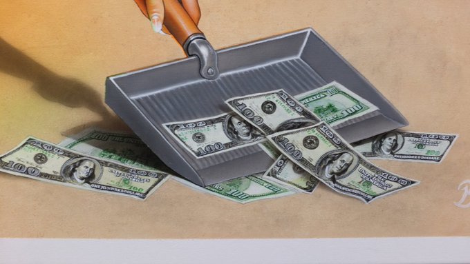 Digital illustration of a dustpan held by a hand scooping up scattered $100 US bills against a brown surface.