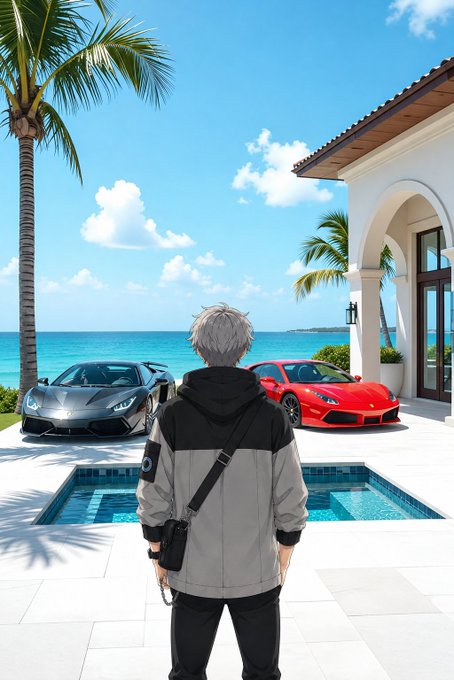 An anime-style illustration shows a silver-haired character from behind, standing at an oceanfront villa with two sports cars (a gray Lamborghini and a red Ferrari) parked beside a pool and palm trees.