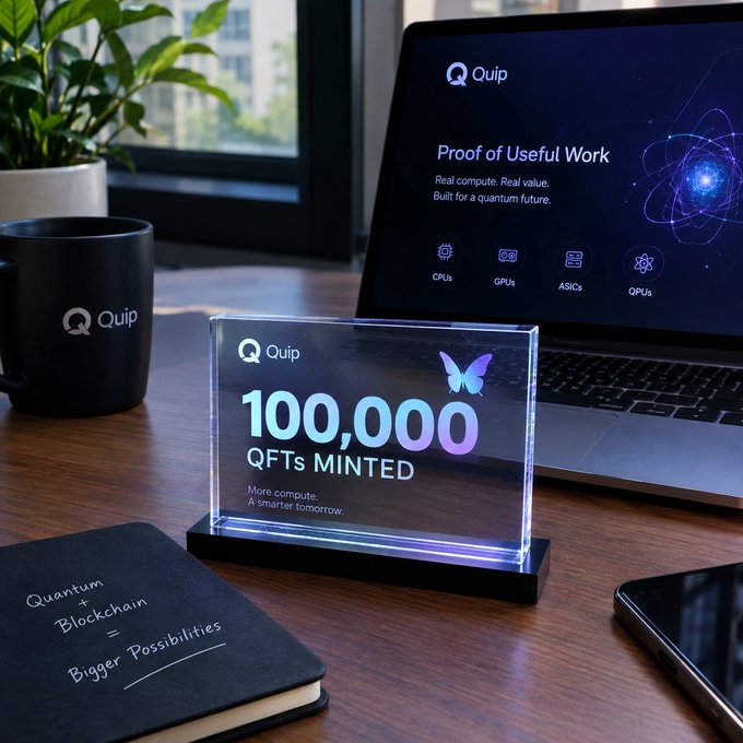 A promotional image for Quip showing a glowing acrylic display on a wooden desk that reads "Quip - 100,000 QFTs MINTED - More compute. A smarter tomorrow," with a laptop in the background displaying "Proof of Useful Work" and a notebook reading "Quantum + Blockchain = Bigger Possibilities."